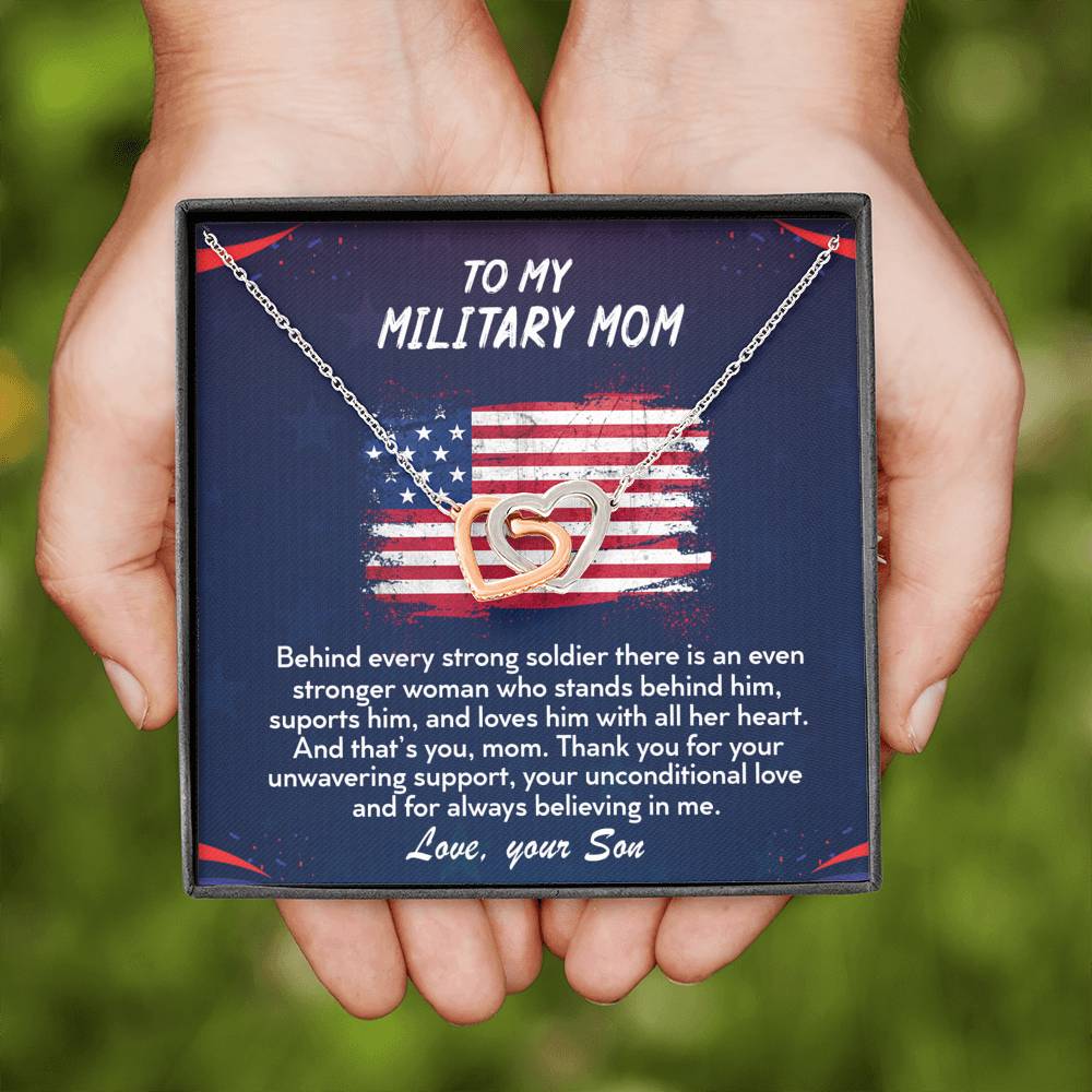 TO MY MILITARY MOM - Two Hearts Embellished With Cubic Zirconia Stones, Interlocking Hearts Necklace