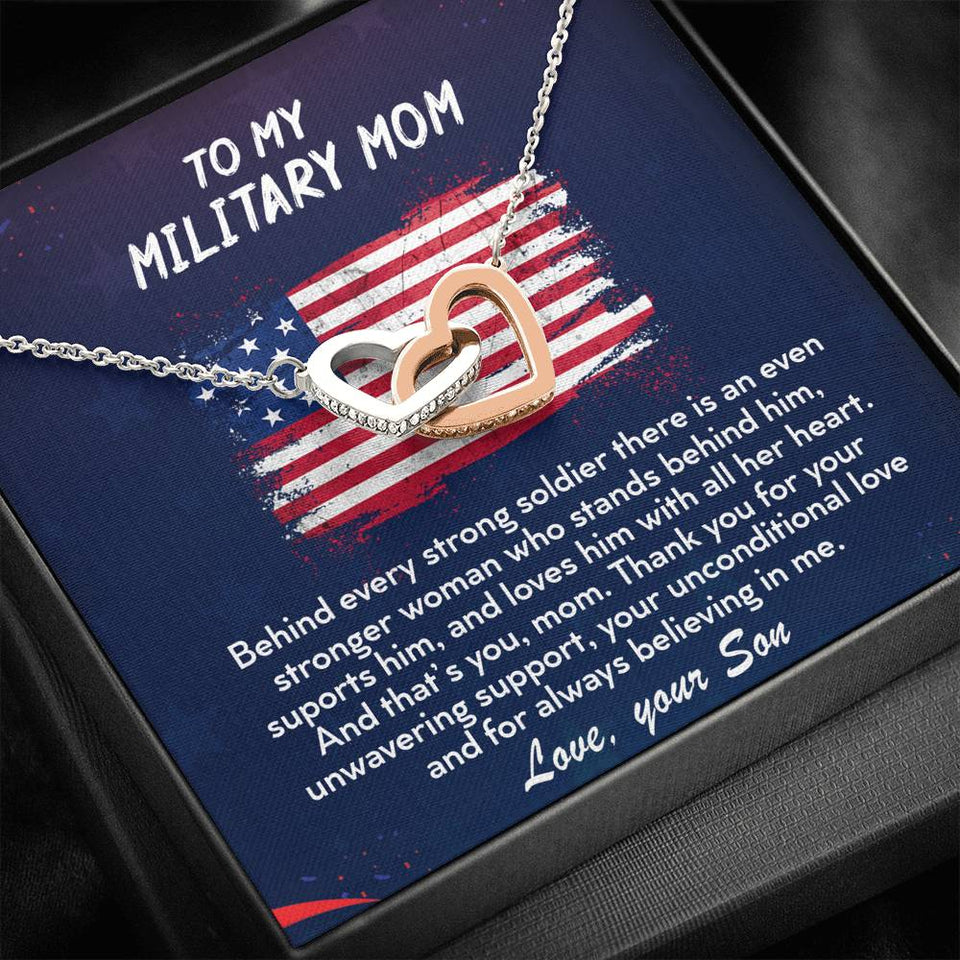 TO MY MILITARY MOM - Two Hearts Embellished With Cubic Zirconia Stones, Interlocking Hearts Necklace