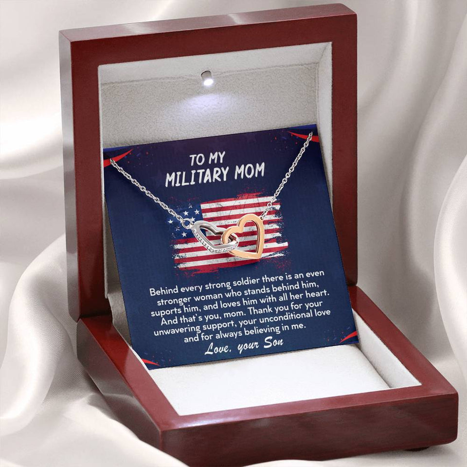 TO MY MILITARY MOM - Two Hearts Embellished With Cubic Zirconia Stones, Interlocking Hearts Necklace