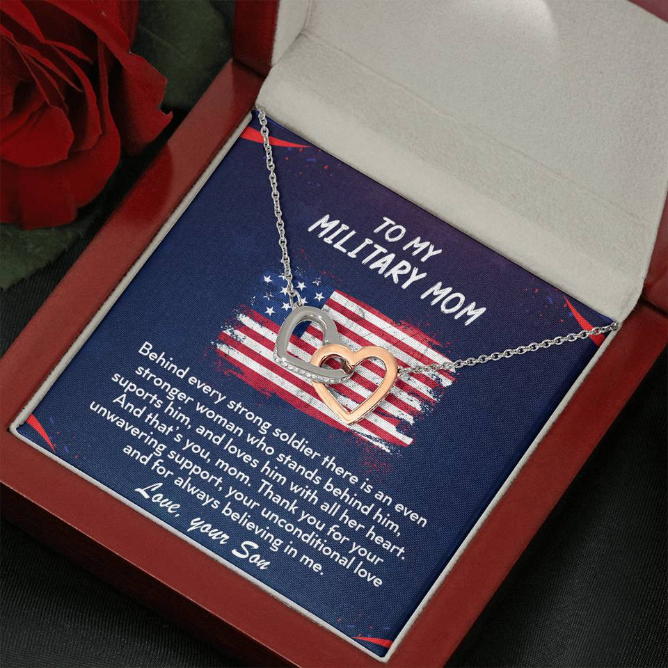 TO MY MILITARY MOM - Two Hearts Embellished With Cubic Zirconia Stones, Interlocking Hearts Necklace