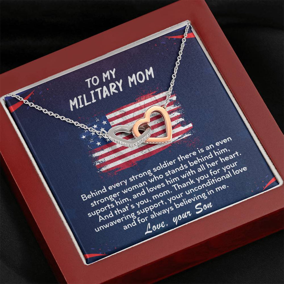 TO MY MILITARY MOM - Two Hearts Embellished With Cubic Zirconia Stones, Interlocking Hearts Necklace