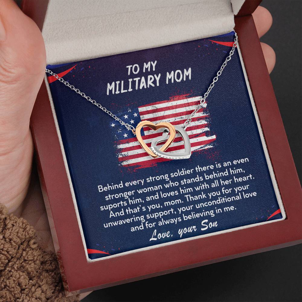 TO MY MILITARY MOM - Two Hearts Embellished With Cubic Zirconia Stones, Interlocking Hearts Necklace