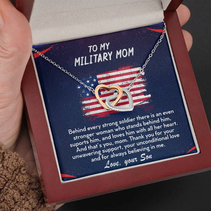 TO MY MILITARY MOM - Two Hearts Embellished With Cubic Zirconia Stones, Interlocking Hearts Necklace