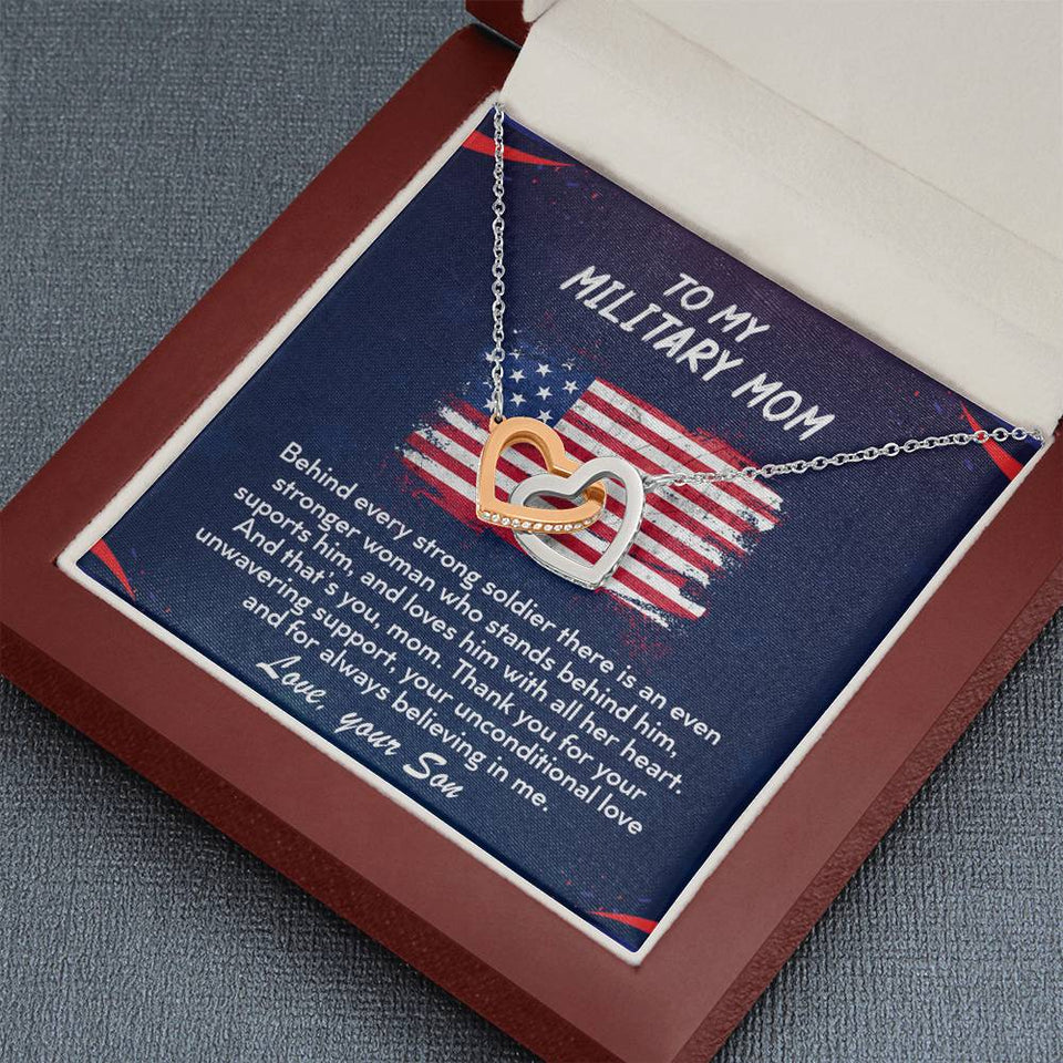 TO MY MILITARY MOM - Two Hearts Embellished With Cubic Zirconia Stones, Interlocking Hearts Necklace