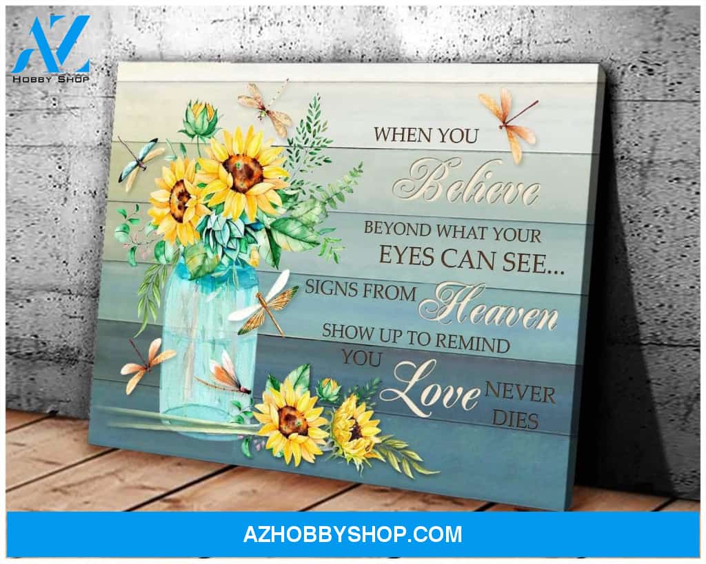 Au When You Believe Sunflower Dragonfly Wall Art Canvas, Wall Decor Visual Art