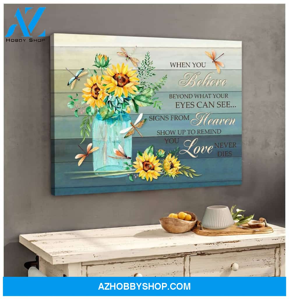 Au When You Believe Sunflower Dragonfly Wall Art Canvas, Wall Decor Visual Art