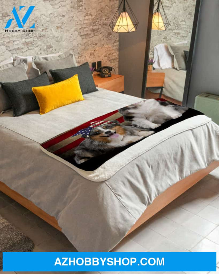 Aussies Couple America Flag Fleece Blanket, Gift for Dog lovers, Gift For Family Friends Gift Home Decor Bedding Couch Sofa Soft And Comfy Cozy