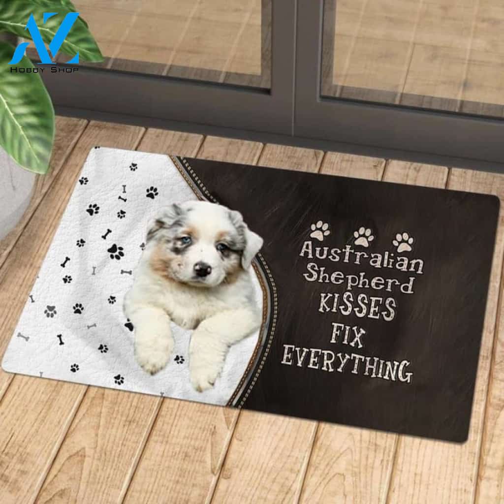 Australian Shepherd 3 Doormat, Kisses Fix Everything Doormat, Dog Welcome Mat, Funny Welcome Mats for Dogs Lovers