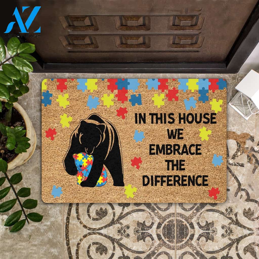 Autism Awareness Bear We Embrace The Difference Indoor And Outdoor Doormat Warm House Gift Welcome Mat Gift For Friend Family