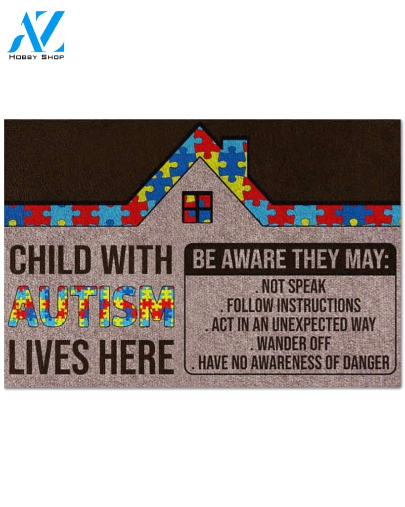 Autism Awareness Child With Autism Lives Heree Indoor And Outdoor Doormat Warm House Gift Welcome Mat Gift For Friend Family