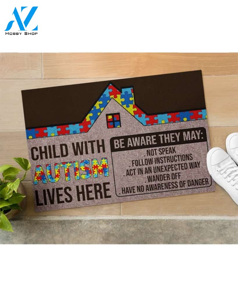 Autism Awareness Child With Autism Lives Heree Indoor And Outdoor Doormat Warm House Gift Welcome Mat Gift For Friend Family
