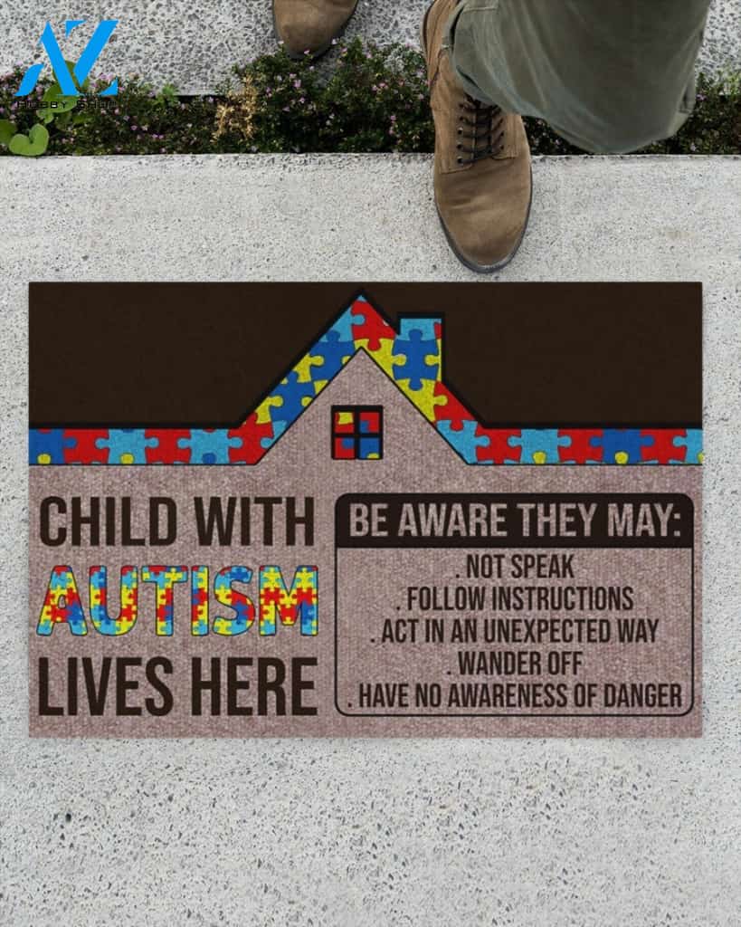 Autism Awareness Child With Autism Lives Heree Indoor And Outdoor Doormat Warm House Gift Welcome Mat Gift For Friend Family