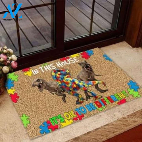 Autism Awareness Dinosaur - In This House It's Ok To Be Different Doormat Welcome Mat House Warming Gift Home Decor Gift for Dinosaur Lovers Funny Doormat Gift Idea