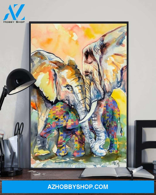 Autism Elephant Family - Matte Canvas , gift for you, gift for elephant lover, gift for her, gift for him, autism awareness