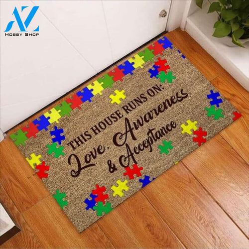 Autism Family - This House Runs On Love, Awareness And Acceptance Doormat Welcome Mat House Warming Gift Home Decor Funny Doormat Gift Idea