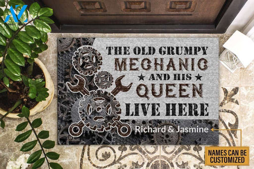 Auto Mechanic The Old Grumpy Mechanic And His Queen Live Here Custom Doormat | Welcome Mat | House Warming Gift