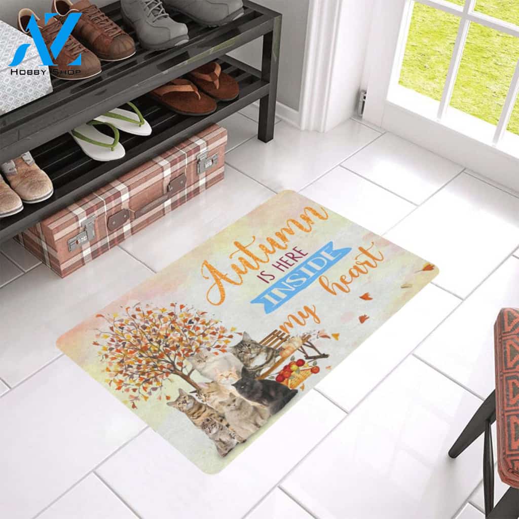 Autumn Is Here Inside My Heart Cat Doormat Welcome Mat Housewarming Gift Home Decor Funny Doormat Gift For Cat Lovers Happy Autumn Gift Idea