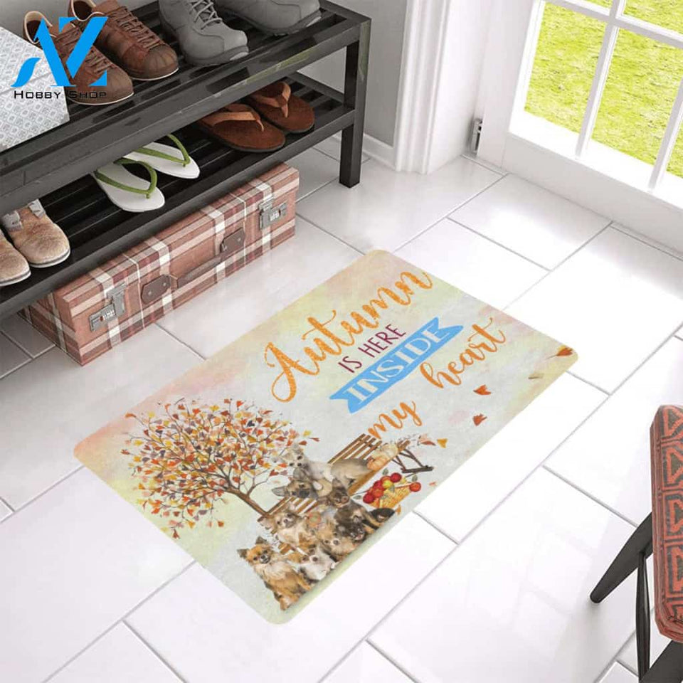 Autumn Is Here Inside My Heart Chihuahua Dog Doormat Welcome Mat Housewarming Gift Home Decor Funny Doormat Gift For Dog Lovers Happy Autumn Gift Idea