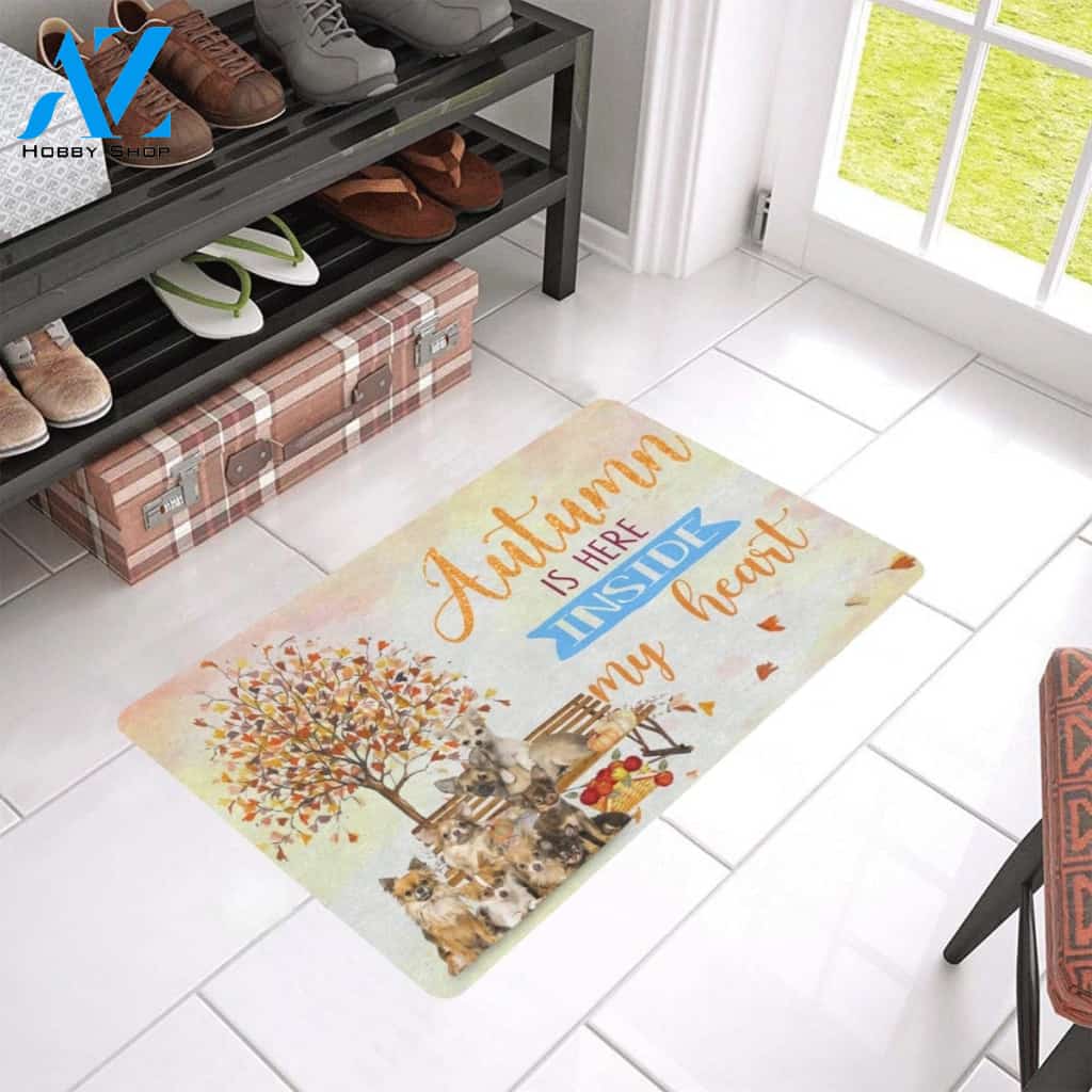 Autumn Is Here Inside My Heart Indoor and Outdoor Doormat Warm House Gift Welcome Mat Gift For Dog Lovers Birthday Gift