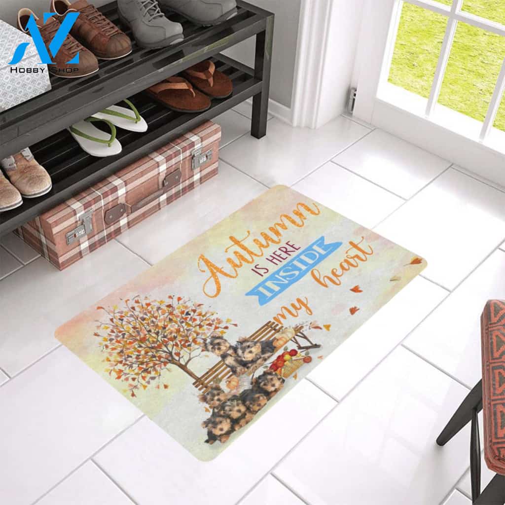 Autumn Is Here Inside My Heart Yorkshire Dog Doormat Welcome Mat Housewarming Gift Home Decor Funny Doormat Gift For Dog Lovers Happy Autumn Gift Idea