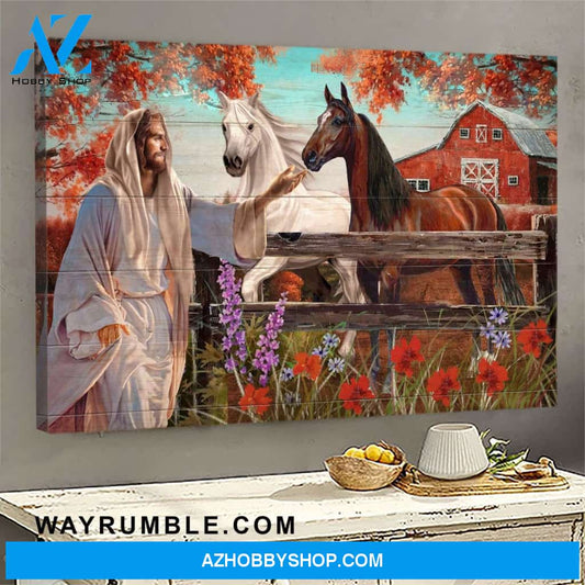 Autumn leaves - Jesus and beautiful horses Jesus Landscape Canvas Prints, Wall Art