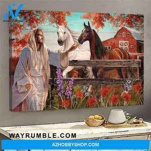 Autumn leaves - Jesus and beautiful horses Jesus Landscape Canvas Prints, Wall Art