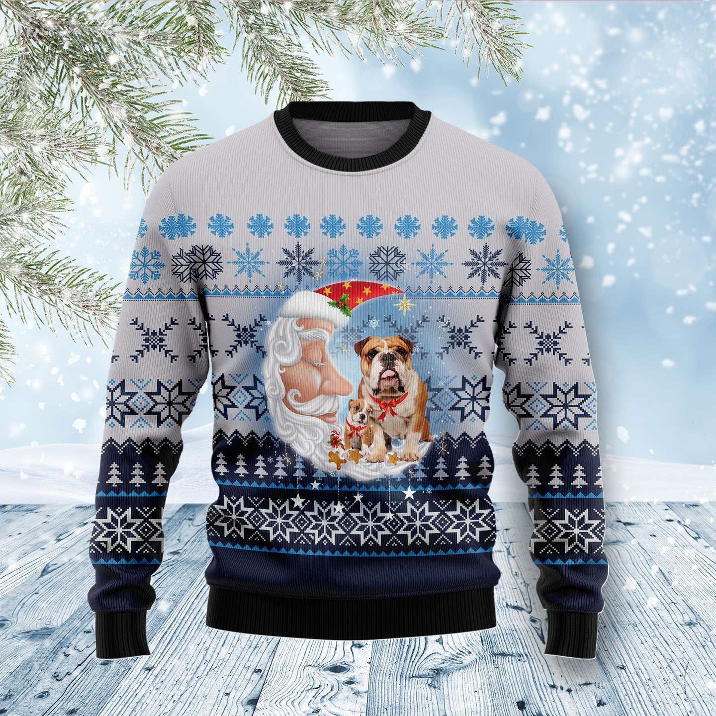 Bulldog Love Santa Moon Ugly Christmas Sweater 