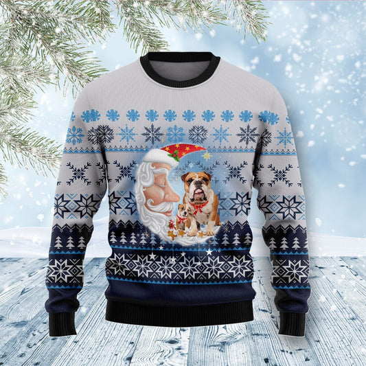 Bulldog Love Santa Moon Ugly Christmas Sweater 
