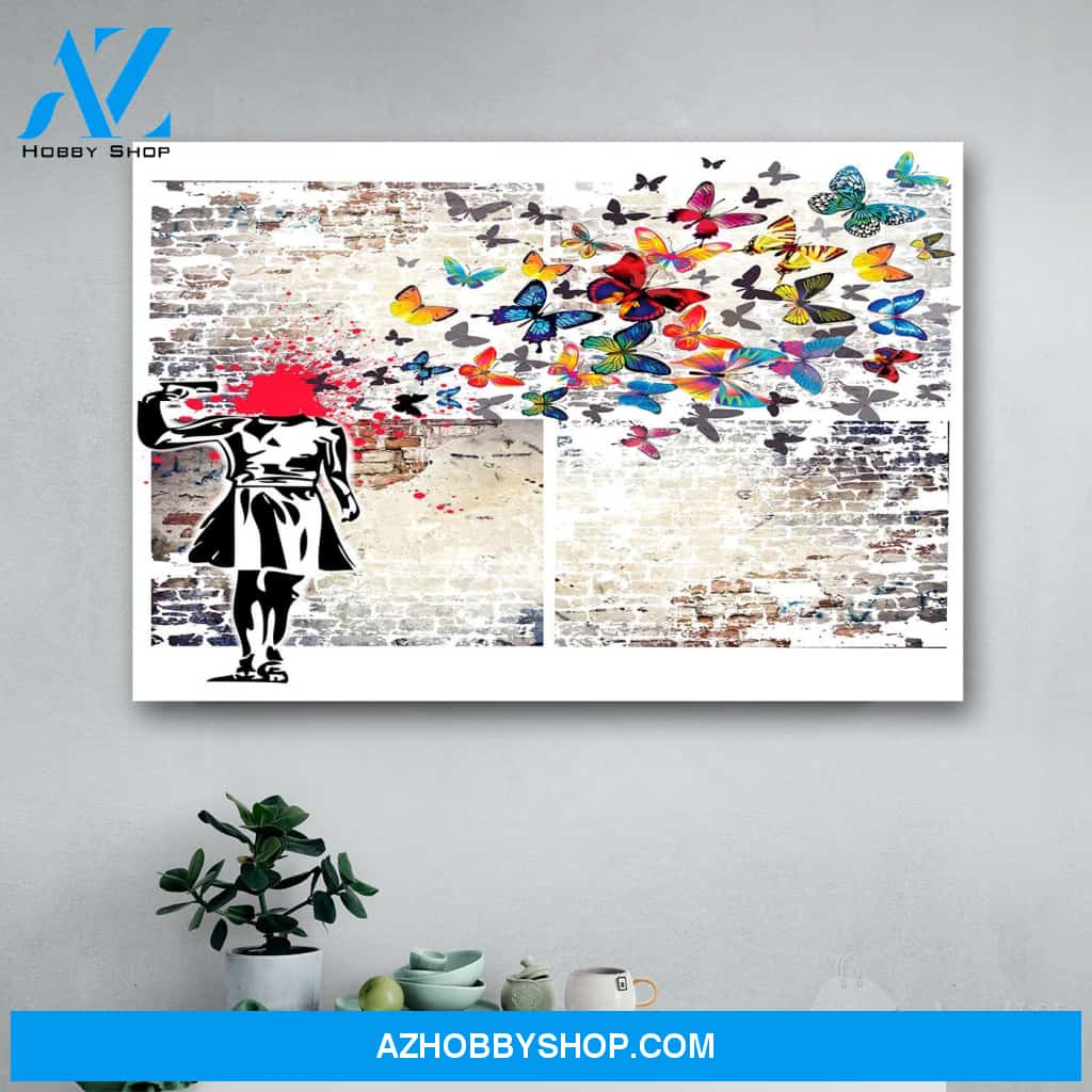 Banksy Headshot Butterfly Girl Suicide Canvas Print Wall Art - Matte Canvas 1