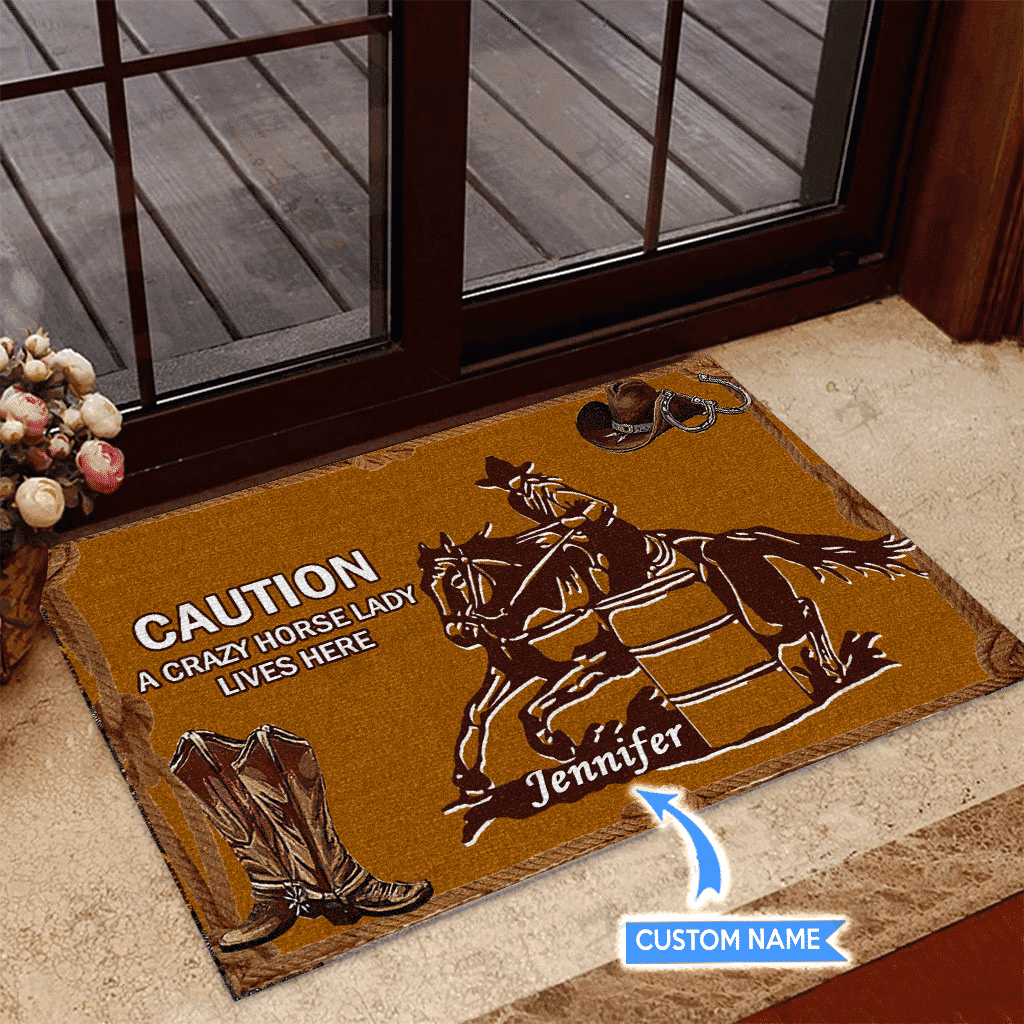 Barrel Racing Crazy Horse Lady Personalized Custom Name Doormat Welcome Mat