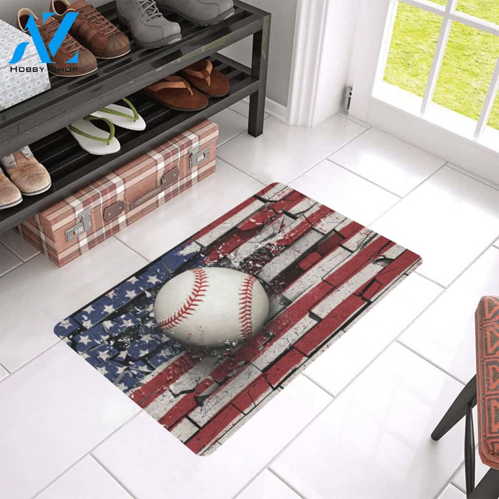 Baseball Broken Wall American Flag Funny Indoor And Outdoor Doormat Warm House Gift Welcome Mat Gift For Baseball Lovers