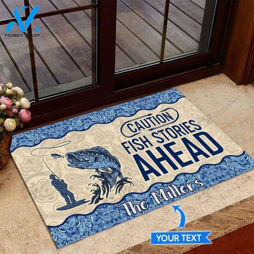 Bass Fishing Stories Ahead Caution Blue Custom Doormat | Welcome Mat | House Warming Gift