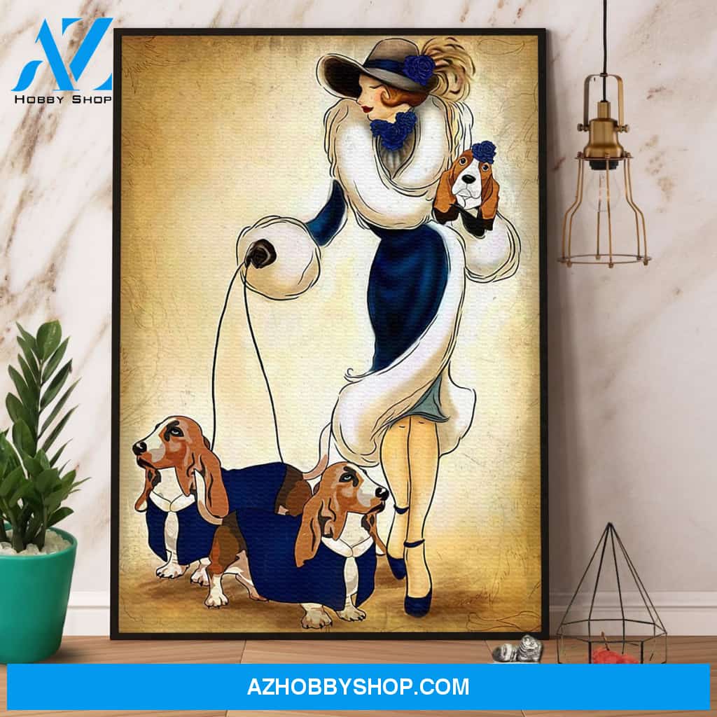 Basset Hound Walking Beautiful Lady Canvas And Poster, Wall Decor Visual Art