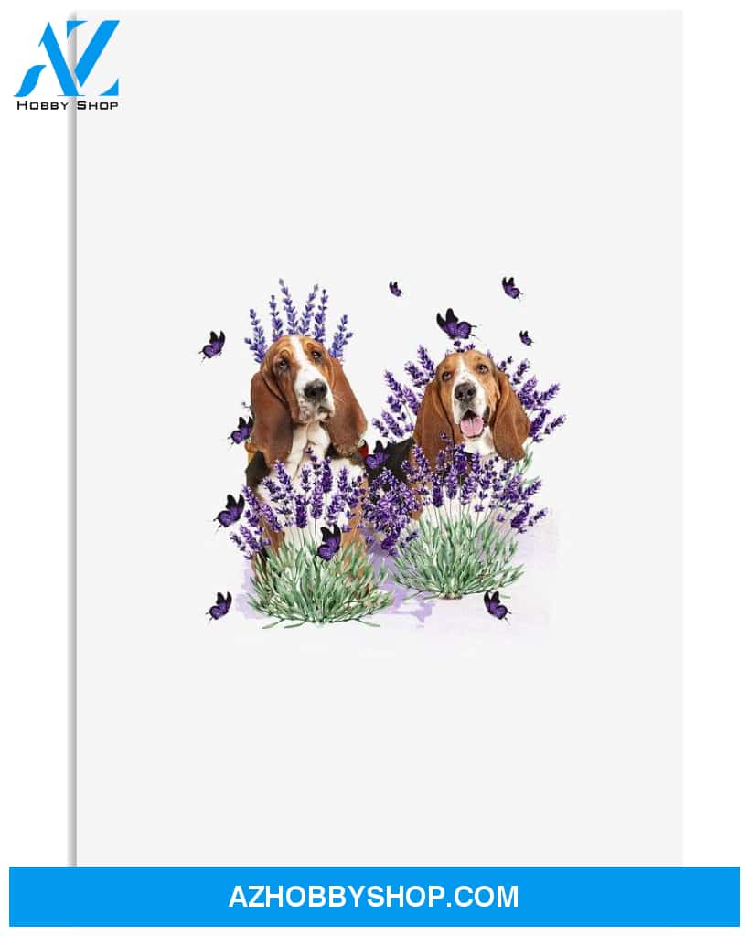 Basset Hound with lavender flower poster