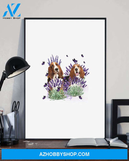 Basset Hound with lavender flower poster
