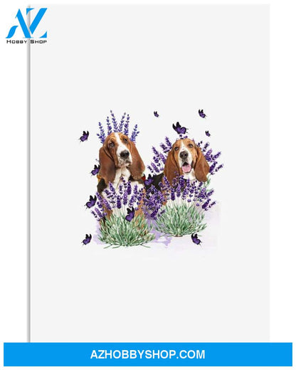 Basset Hound with lavender flower poster