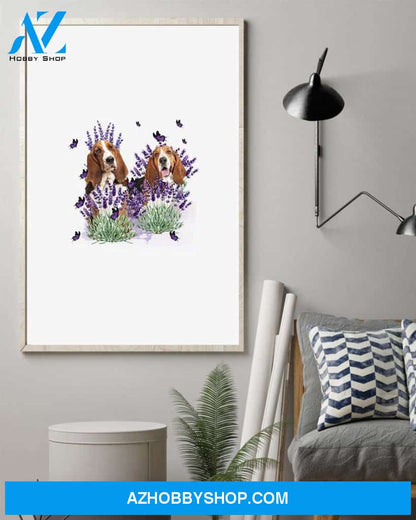 Basset Hound with lavender flower poster