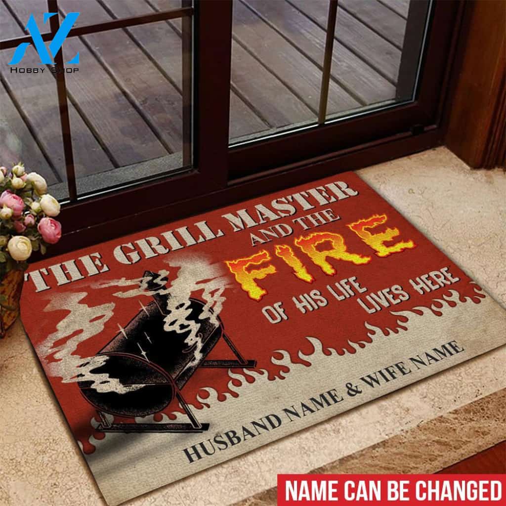 BBQ Custom Doormat Grill Master Lives Here With Flame Of His Life Couple Valentine's Day Personalized Gift | WELCOME MAT | HOUSE WARMING GIFT
