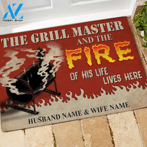 BBQ Custom Doormat Grill Master Lives Here With Flame Of His Life Couple Valentine's Day Personalized Gift | WELCOME MAT | HOUSE WARMING GIFT