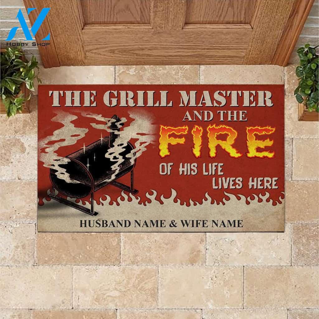 BBQ Custom Doormat Grill Master Lives Here With Flame Of His Life Couple Valentine's Day Personalized Gift | WELCOME MAT | HOUSE WARMING GIFT