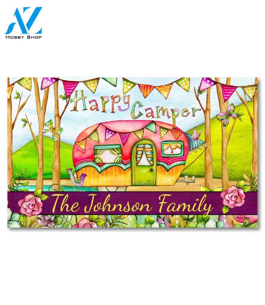 Beach Floral Happy Camper Personalized Doormat - 18" x 30"