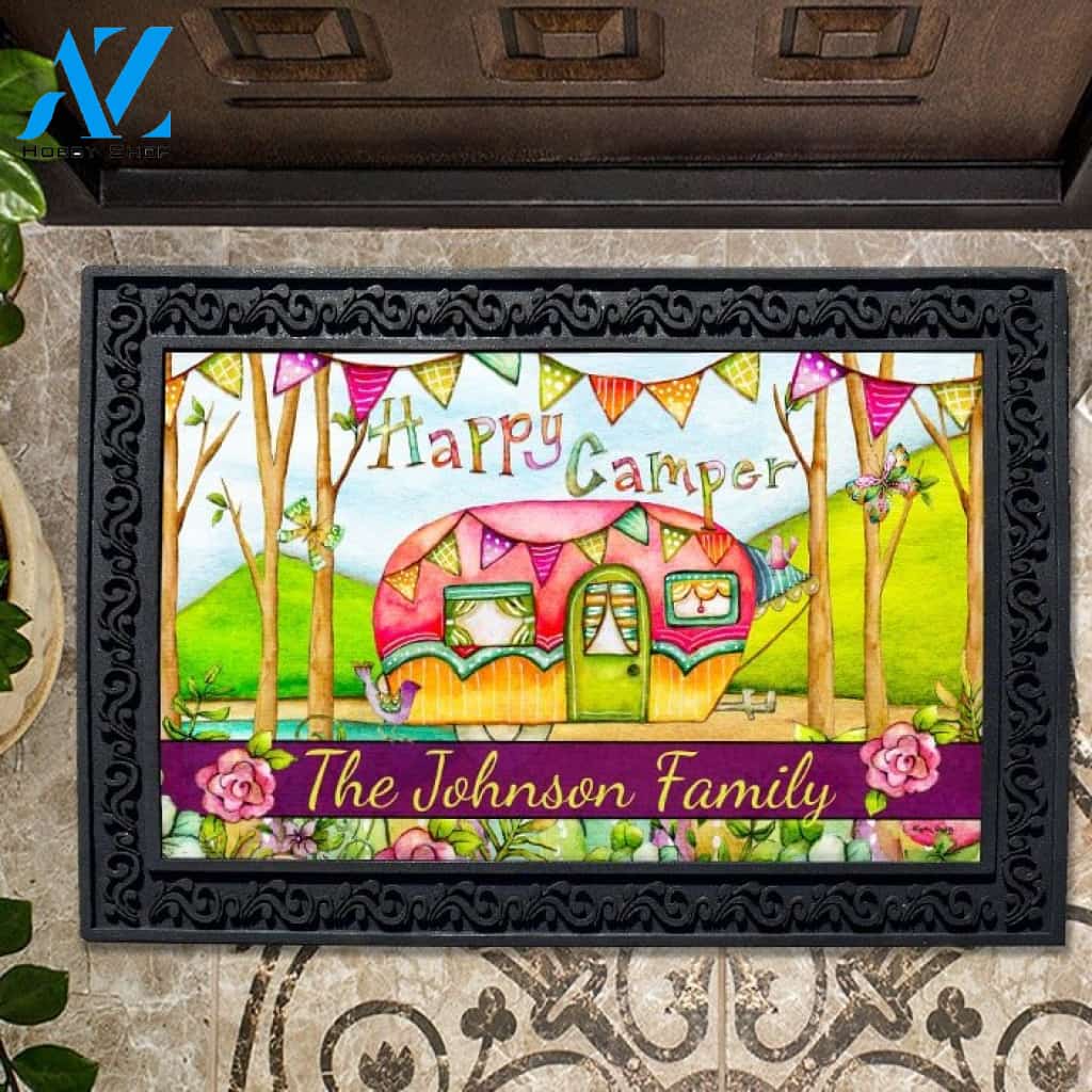 Beach Floral Happy Camper Personalized Doormat - 18" x 30"