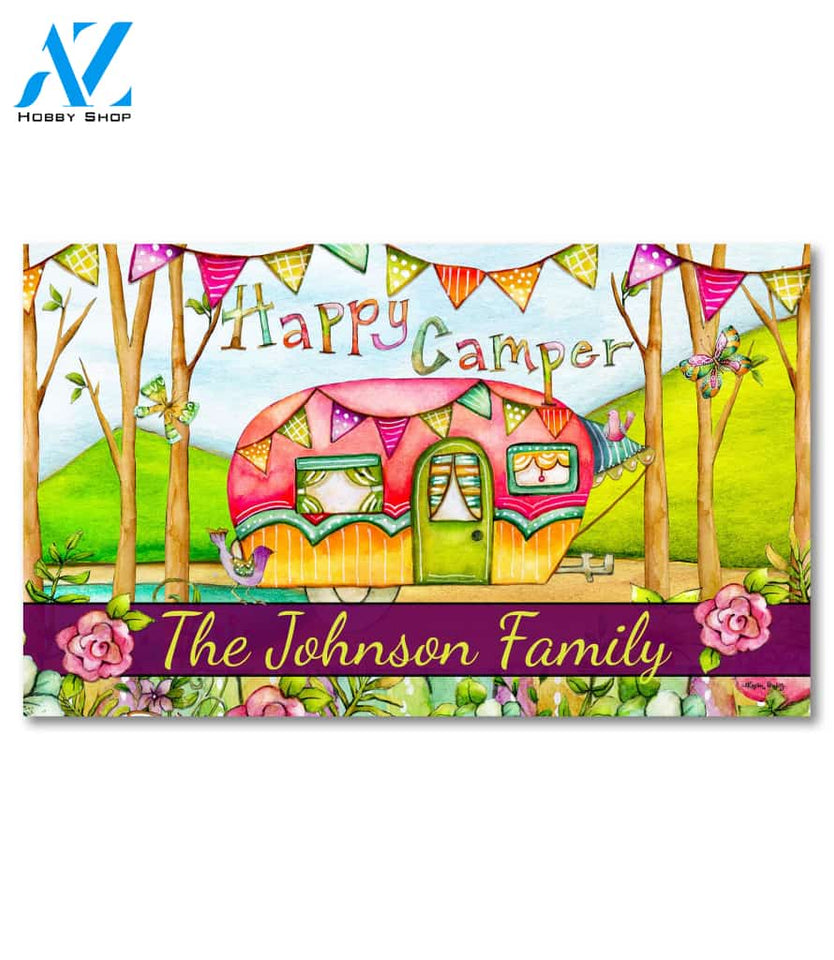 Beach Floral Happy Camper Personalized Doormat - 18" x 30"
