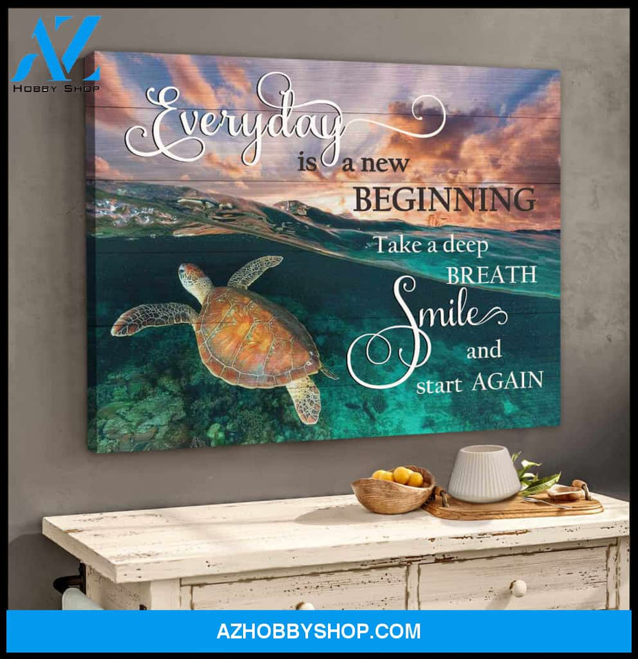 Beach Turtle Canvas Everyday Is A New Beginning Take A Deep Breath Smile, Wall Decor Visual Art