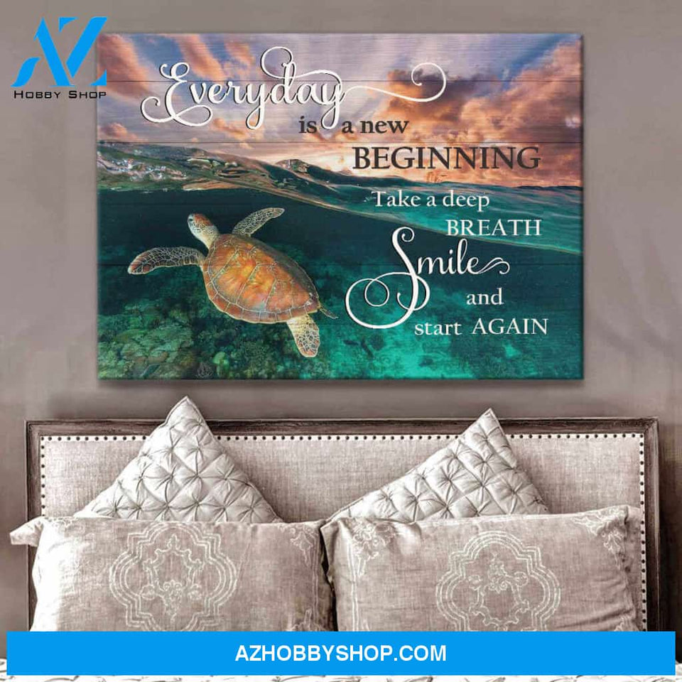 Beach Turtle Canvas Everyday Is A New Beginning Take A Deep Breath Smile, Wall Decor Visual Art