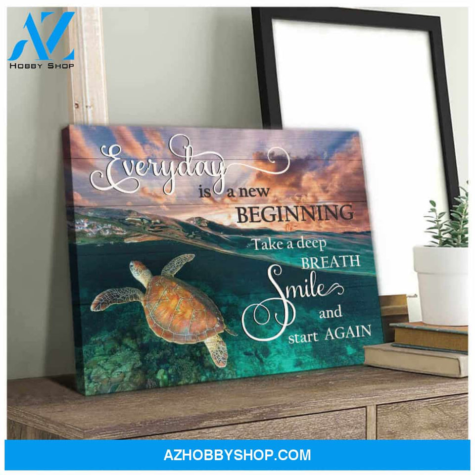 Beach Turtle Canvas Everyday Is A New Beginning Take A Deep Breath Smile, Wall Decor Visual Art