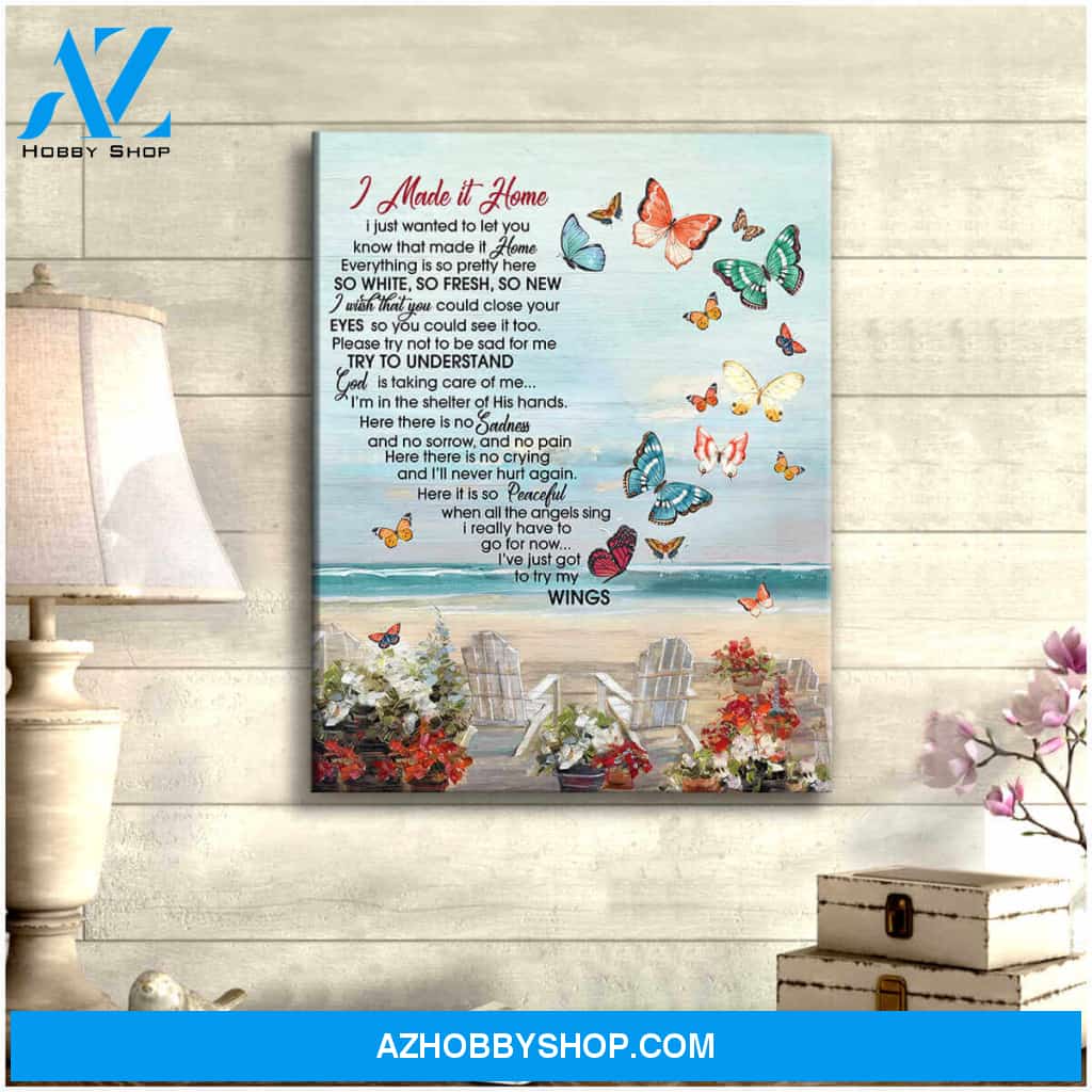 Beachhouse and Butterflies Memorial Canvas I made it home Wall Art Decor, Wall Decor Visual Art