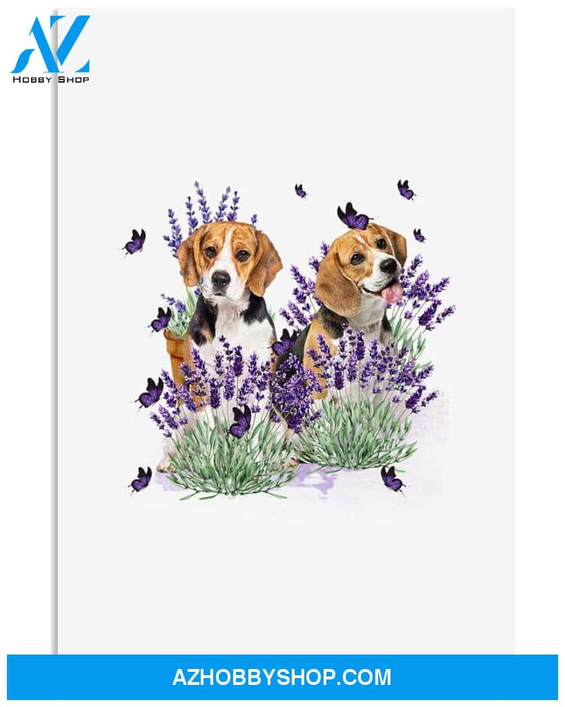 Beagle with lavender flower poster