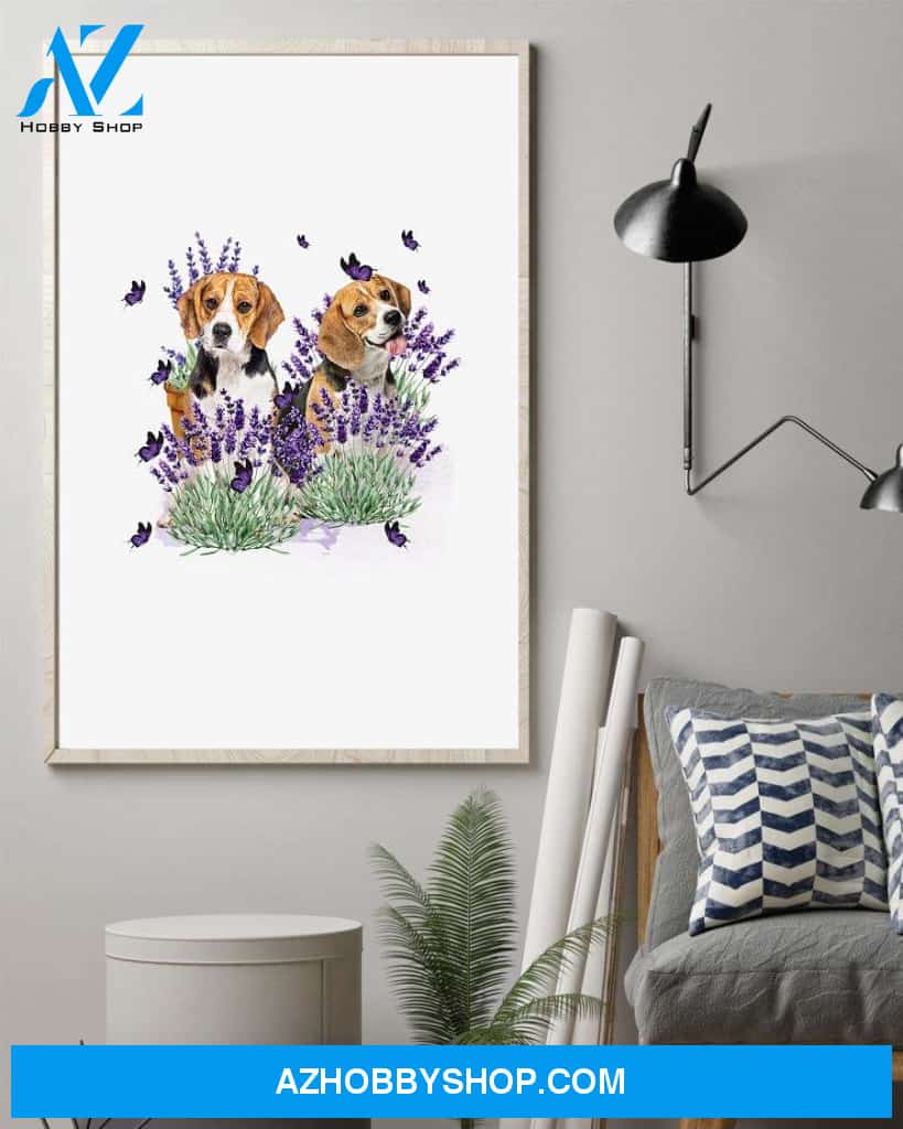 Beagle with lavender flower poster