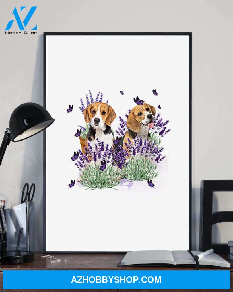 Beagle with lavender flower poster